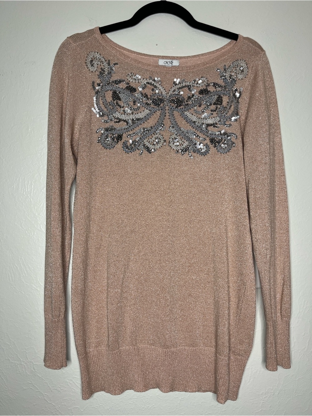 Y2K Vintage Blush Metallic Sweater Sequin and Bead Embellishments - Size L